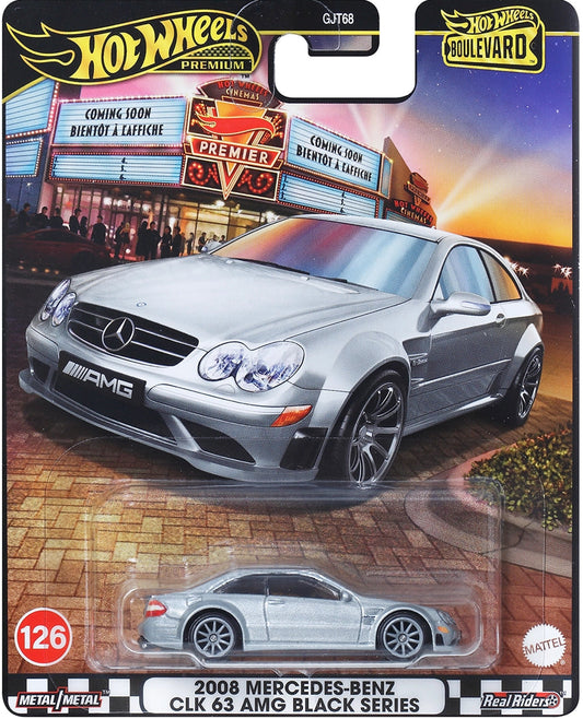 Hot Wheels 2008 Mercedes-Benz CLK 63 AMG Black Series toy car in packaging with a cityscape background.