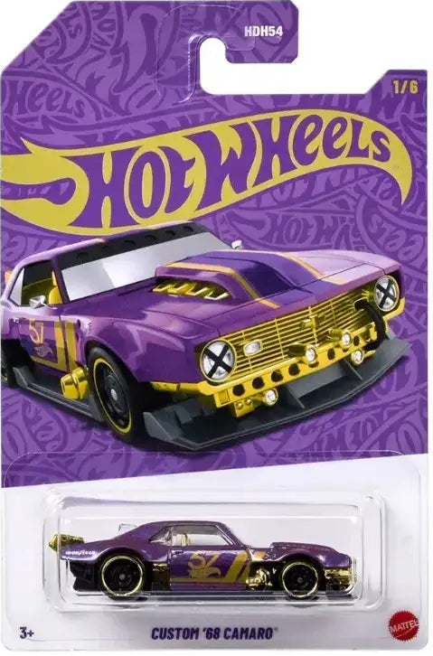 Hot Wheels Custom '68 Camaro toy car in packaging with purple and yellow design.
