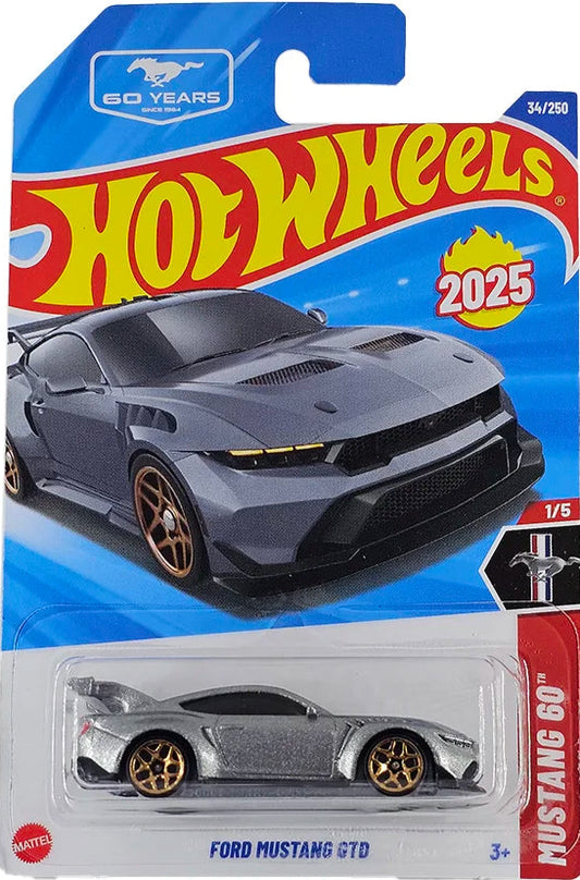 Hot Wheels Ford Mustang GTD toy car in packaging with blue and red design